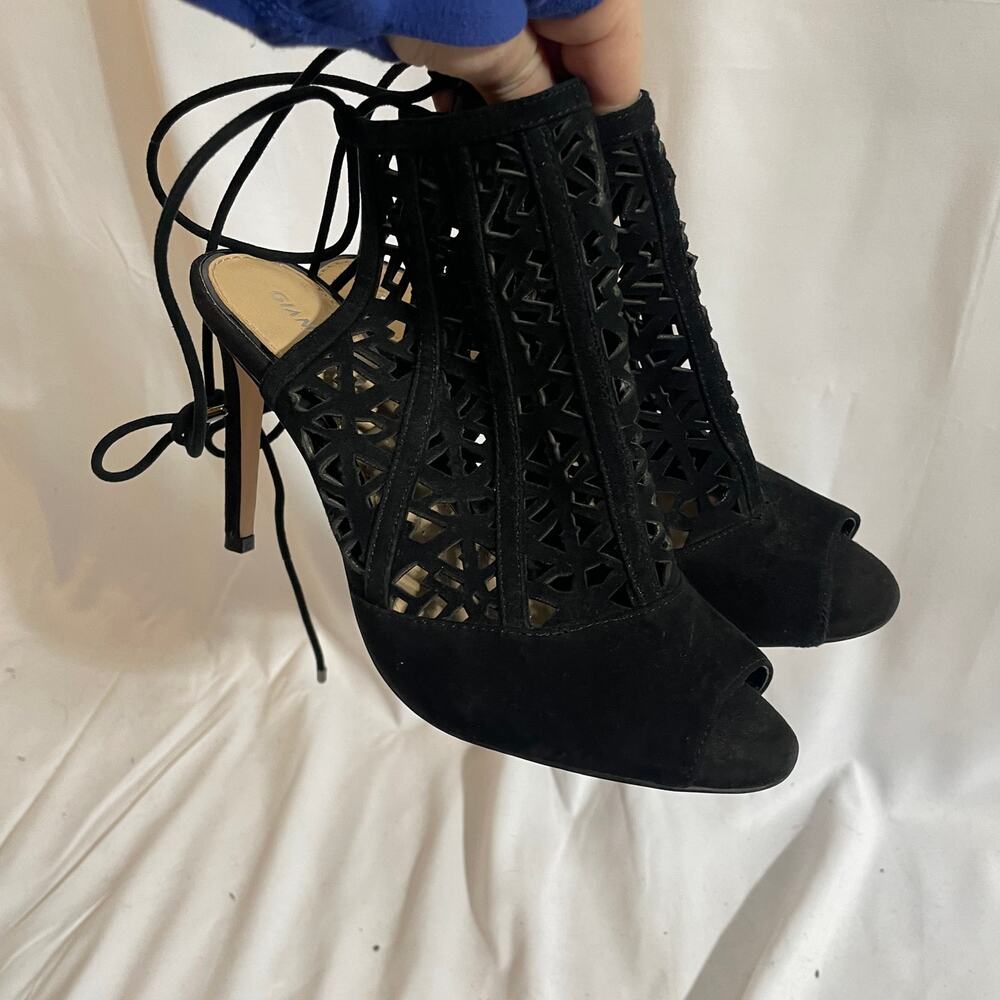 Gianni Bini Black Suede Leather Upper Laser Cut Ankle Tie Heels 7.5